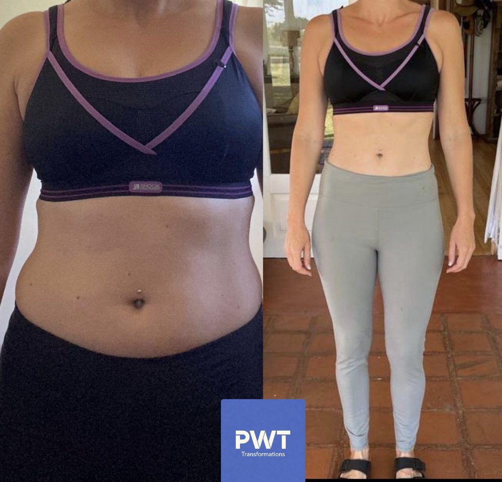 Before and after photos of a coaching client, front view