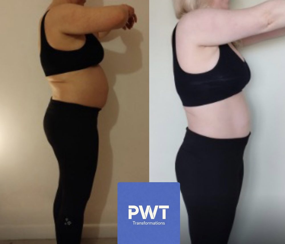 Before and after photos of a coaching client, side view