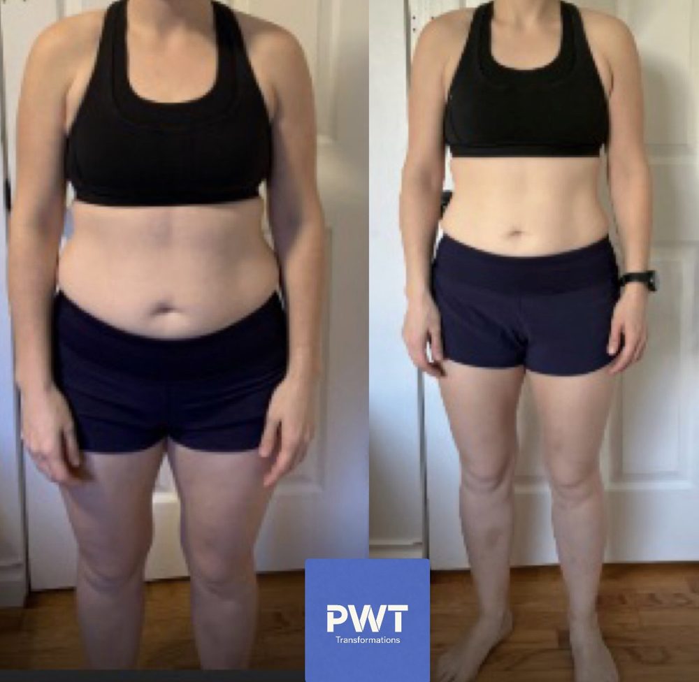 Before and after photos of a coaching client, front view